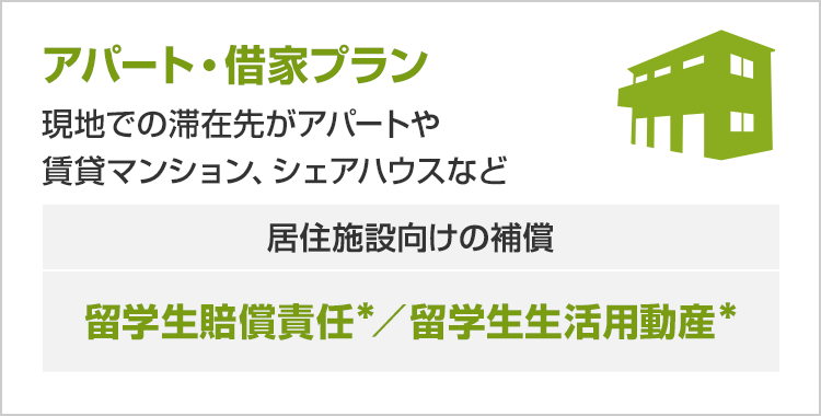 【アパート・借家プラン】現地での滞在先がアパートや賃貸マンション、シェアハウスなど ［住居施設向けの補償：留学生賠償責任＊／留学生生活用動産＊］